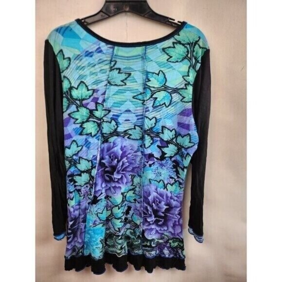 Orientique Naturally Womens Floral Artsy Tunic Top XL Blue Ruffle 3/4 Sleeve - Picture 8 of 9